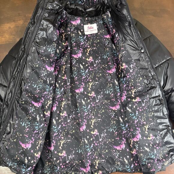 Justice puffer jacket black shimmer water resistant removable hood pockets - Picture 11 of 16